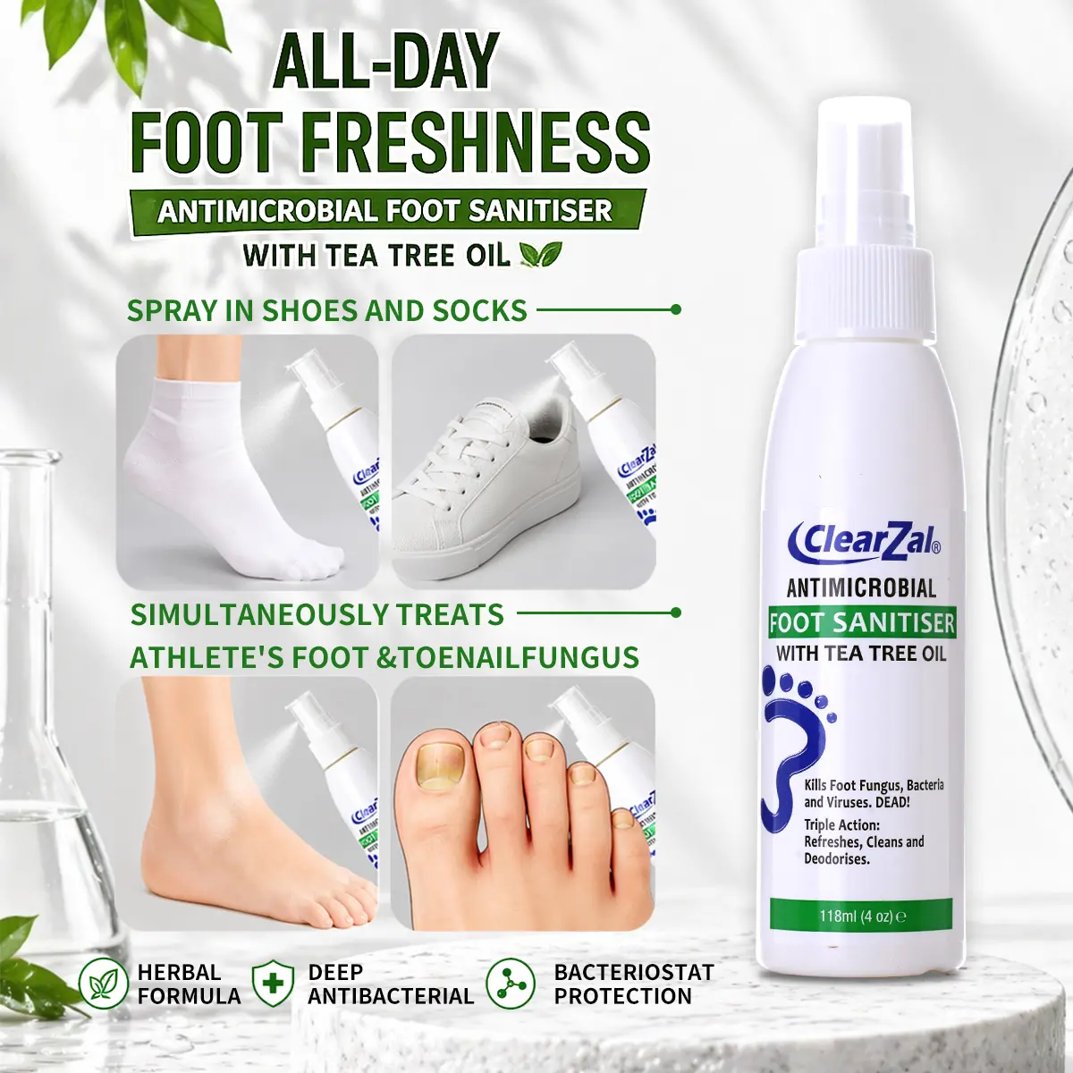 ClearZal Foot Sanitizer Spray with Tea Tree Oil, 4-Ounce Bottle ,Contains natural tea tree oil and aloe vera Long-lasting disinfectant and antibacterial spray [YW]