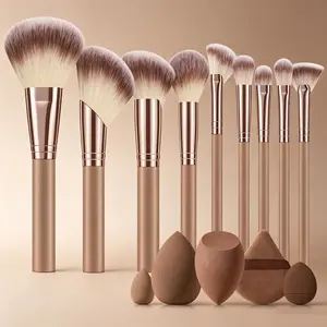 14-Piece Luxury Makeup Tool Set, 9 Professional Multi-Function Brushes, Mini Sponge, Triangle Powder Puff, Full Face Foundation Concealer Kit