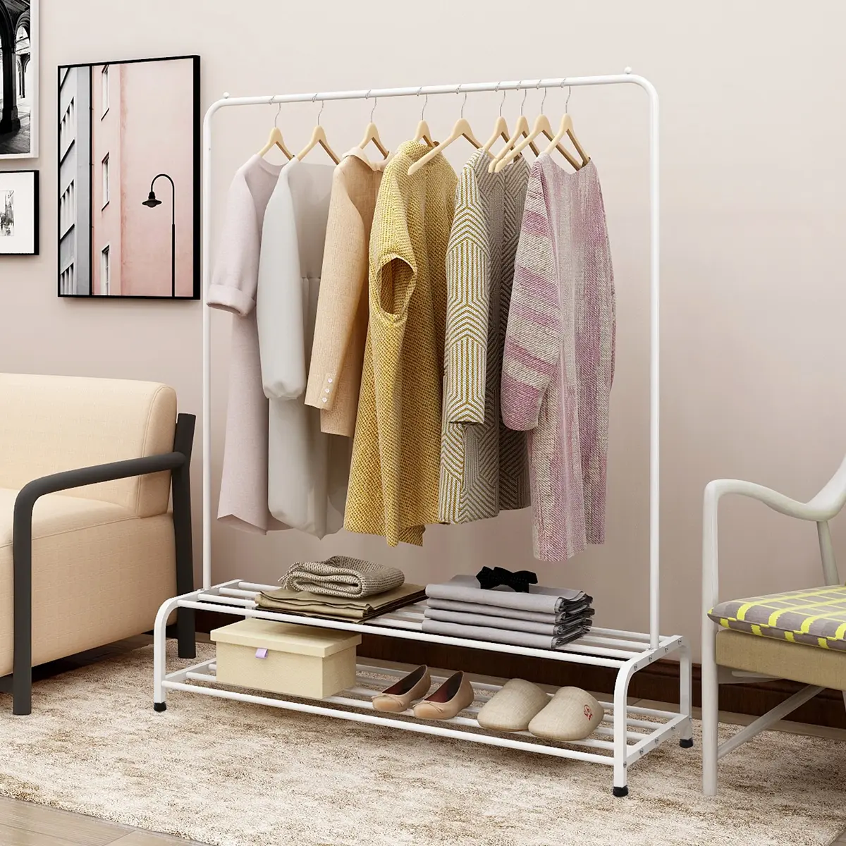 Heavy Duty Garment Rack, Metal Clothes Rack with Bottom Shelf, Standing Coat Rack for Bedroom, Laundry Room, Small Spaces, 47.2"L x 17.7"W, White