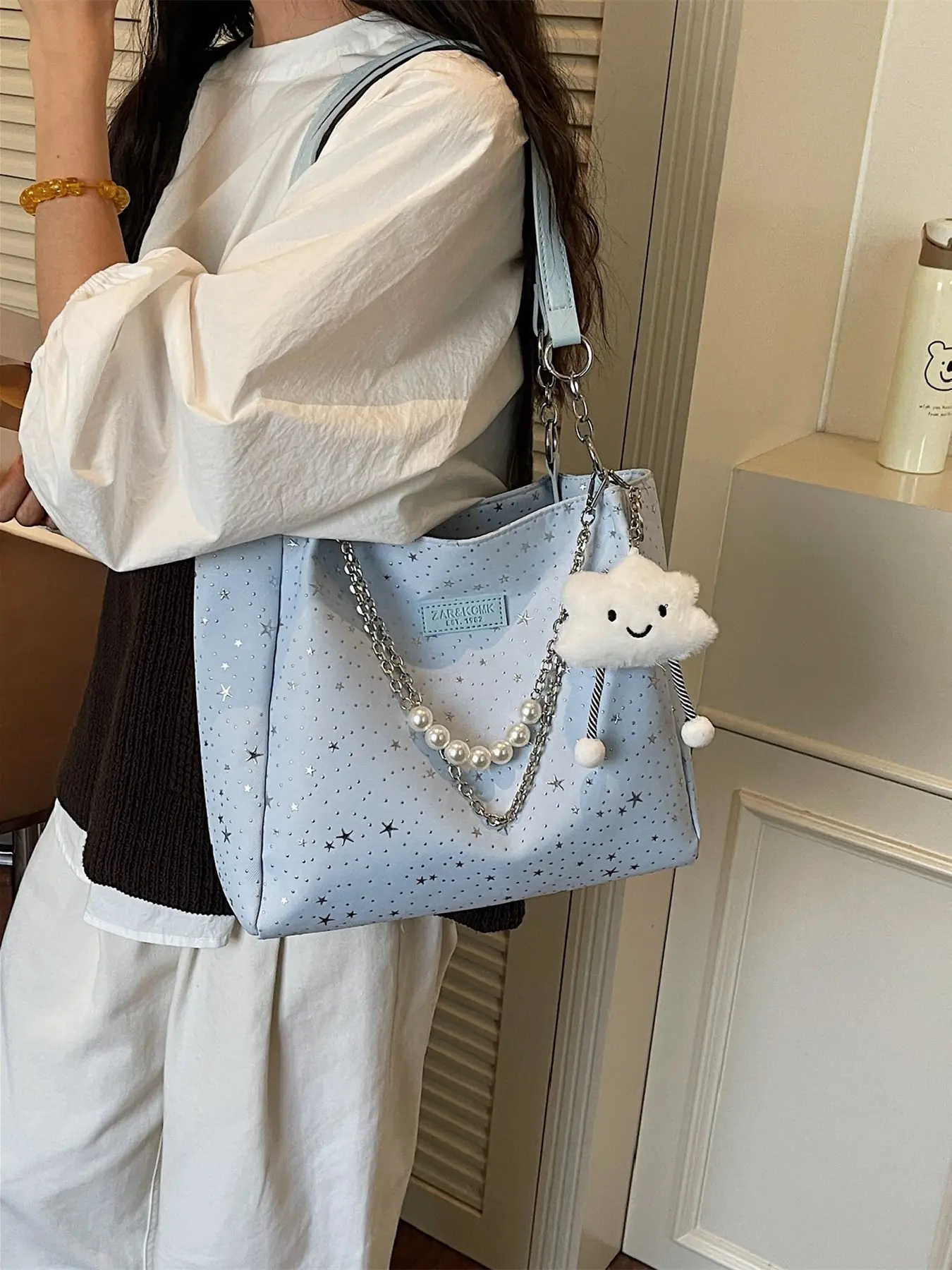 2026 New Korean Style Star Print Tote Bag, Adjustable Strap, Large Capacity, Fits A4 Book & Laptop, Durable, Versatile, Casual Everyday Bag, Casual Trendy Bag, Casual Handbags, Fashionable Patterned Bag