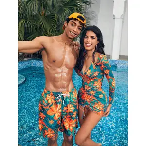 1pc Men Floral Print Loose Fit  Shorts,  Style Couples Matching Swimwear  For  tummy control summer daily wear hawaiian beach vacation holiday high-waisted boxer casual woman back backless sleeveless swimwear one piece swimsuits bikini set