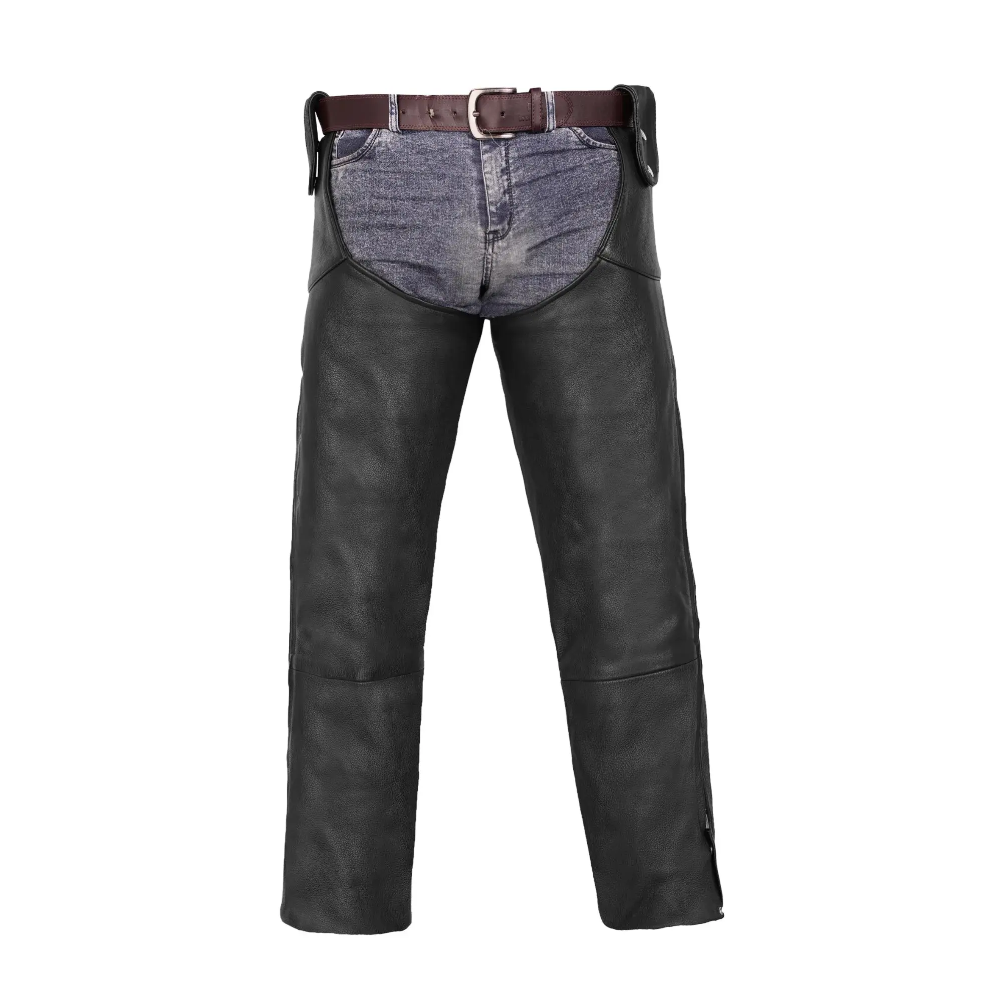 DANIEL SMART Highway Howler Adult Unisex Motorcycle Leather Chaps - 1.2-1.3mm Soft Premium Milled Naked Cowhide Leather, Adjustable Waist, YKK Zippers, All-Season Protective Gear, Protector, Reinforced Stitching, Unfinished Hem, Edgy Biker Trousers