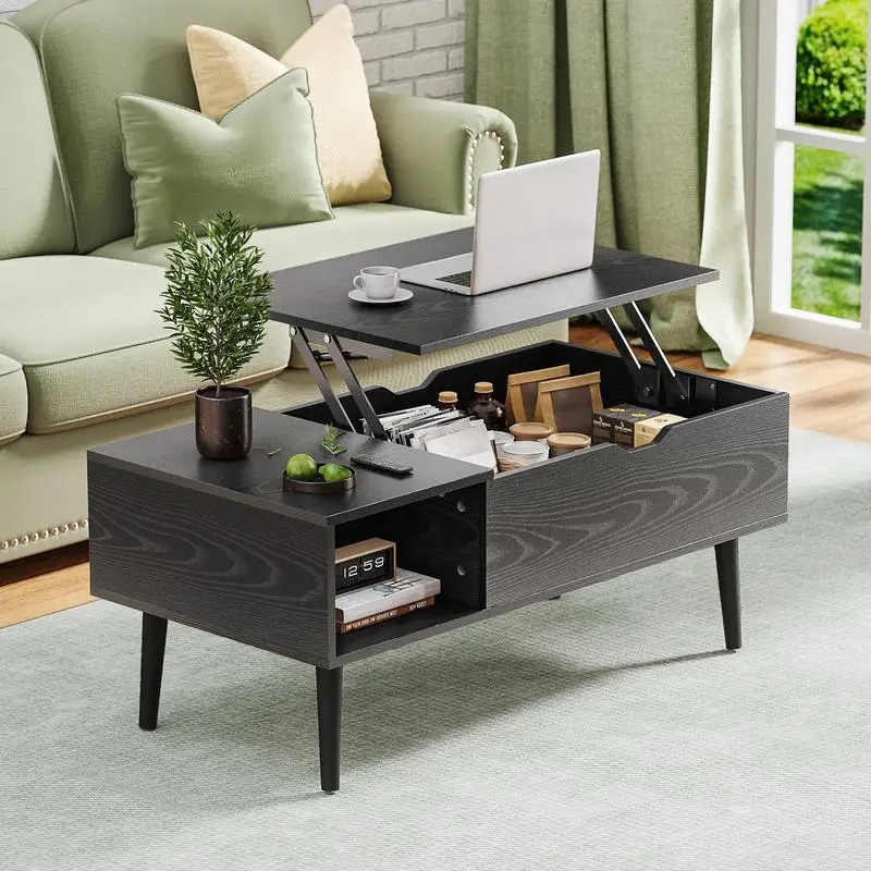 Pine Wood Contemporary Coffee Table for Living Rooms & Small Spaces - Lift-Top Design, Hidden Compartment, Spacious Storage Shelves, Practical Homework Solution