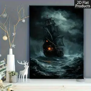 Hauntingly Beautiful Ghost Ship Thunderstorm   - 2D Framed Modern  Deco Canvas, Dark Nautical Maritime Decor for Bedroom Canvas   Poster art Newspaper brand wall Abstract Black Gold Ink Splash Mural Time Is Money Painting Custom Blonde room scripture