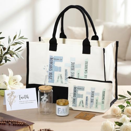 Christian Gifts for Women Easter Faith Religious Gifts with Tote Bag Makeup Bag Candle Cross Necklace Cup Greeting Card for Birthday Church Study Supplies, Gift for Christian Girl Mom Wife, Elegant Easter Gift for Sunday Prayer, Mother's Day Gift