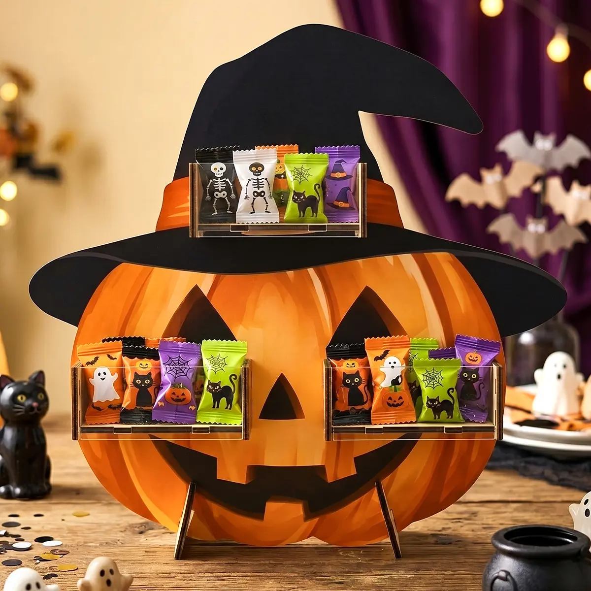 Festive 1-Piece Wooden Halloween Pumpkin Candy Display Stand - Decorative Home Supply, Spooky Party Gift for Trick-or-Treat Haunted House Dessert Tables, Home Supplies, One-Piece