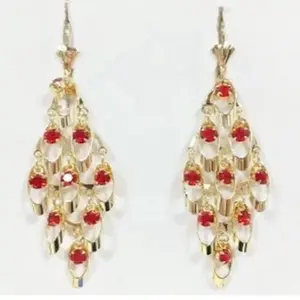Long Red 14k Gold Plated Dangle Earring with Elegant Red Gemstone Accents and Durable Gold Plating