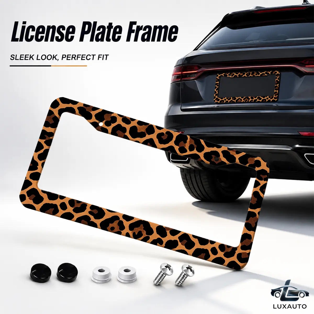 Leopard Print Decorative Aluminum License Plate Frame, Universal 12.2 x 6.3 Inch Car License Plate Holder with Screws & Caps, Rust-Proof Metal License Plate Cover, Car Accessories for Women & Men