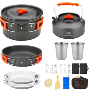 17pcs Camping Cookware Kit, 0.45Gal Pot, 7inches Pan,0.30Gal Kettle Set with 2 Set Stainless Steel Cups Plates Forks Knives Spoons for Hiking