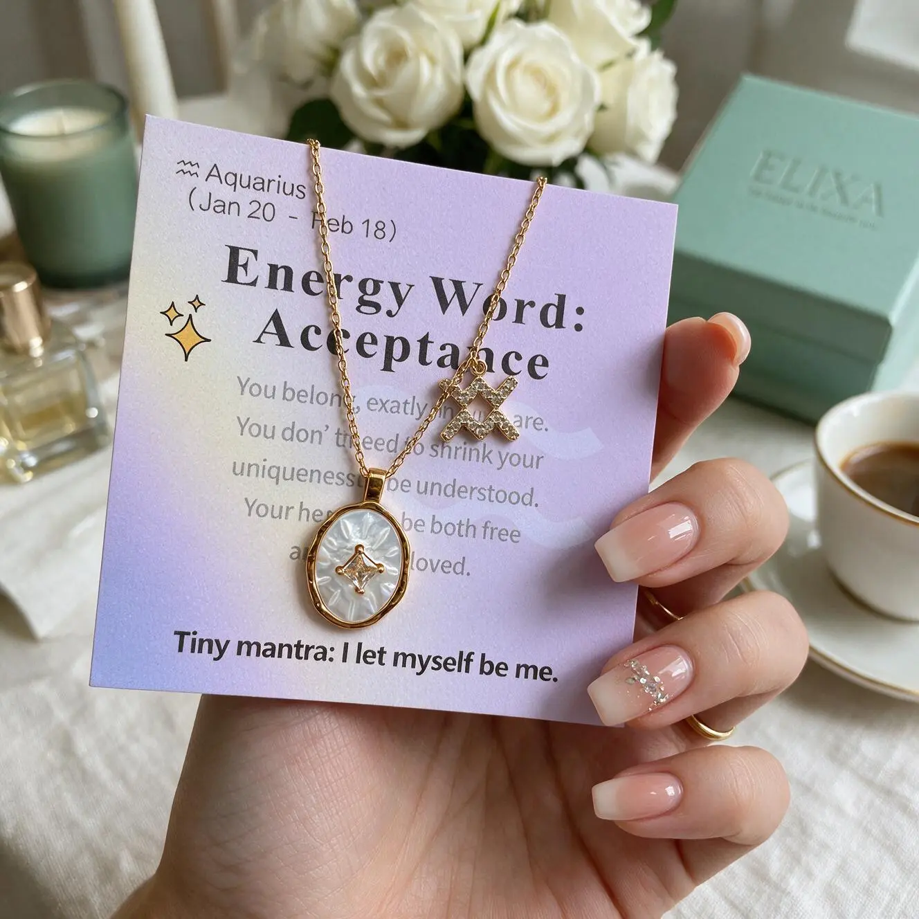 ELIXA TikTok Viral  Personalized Zodiac & Seashell Dual Pendant Necklace | Gold 18k PVD Plating | Available for all 12 Signs  Custom Dainty Layered Aesthetic | Mother-of-Pearl & Cubic Zirconia