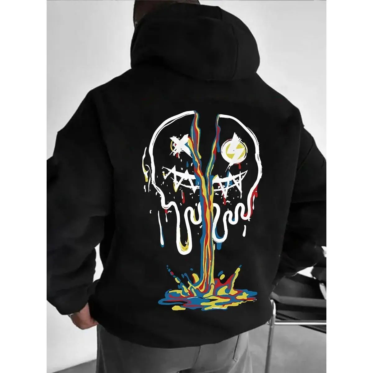 Men's Classic Rose & Skeleton Digital Print Cotton Hooded Neck Loose Fit Hoodie - Soft Basic Fabric, Long Sleeve Pullover Clothes for Fall, Winter Daily Wear, Halloween, Easter