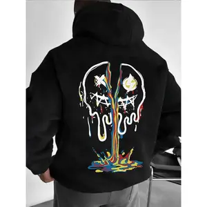 Men's Rose & Skeleton Print Hoodie, Loose Casual Long Sleeve Hooded Sweatshirt for Fall & Winter, Men's Clothes for Daily Wear, Tops
