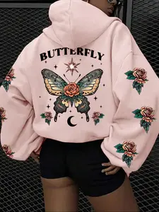 Women's Butterfly & Rose Floral Print Thermal Lined Hoodie, Fashion Casual Fitted Cartoon Graphic Long Sleeve Hooded Sweatshirt for Daily Holiday Outdoor Wear, Women Clothing Womenswear for Fall & Winter