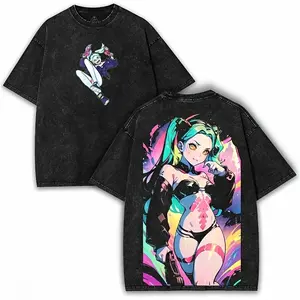 Men's Rebecca Cyberpunk Edgerunners Girl Power Round Neck Tee - Vintage Acid Washed Oversized Anime, Sports Clothes, Casual Everyday Fit