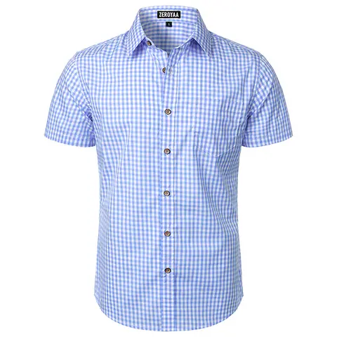 ZEROYAA Men's Regular Fit Cotton Textured Plaid Short Sleeve Button-Down Shirt with Pocket Strap - Top for Work, Date, Boyfriend Occasions