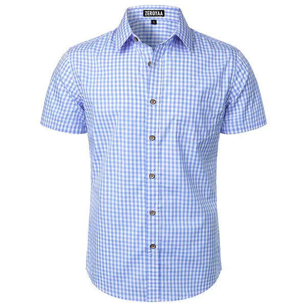 ZEROYAA Men's Regular Fit Cotton Textured Plaid Short Sleeve Button-Down Shirt with Pocket Strap - Top for Work, Date, Boyfriend Occasions