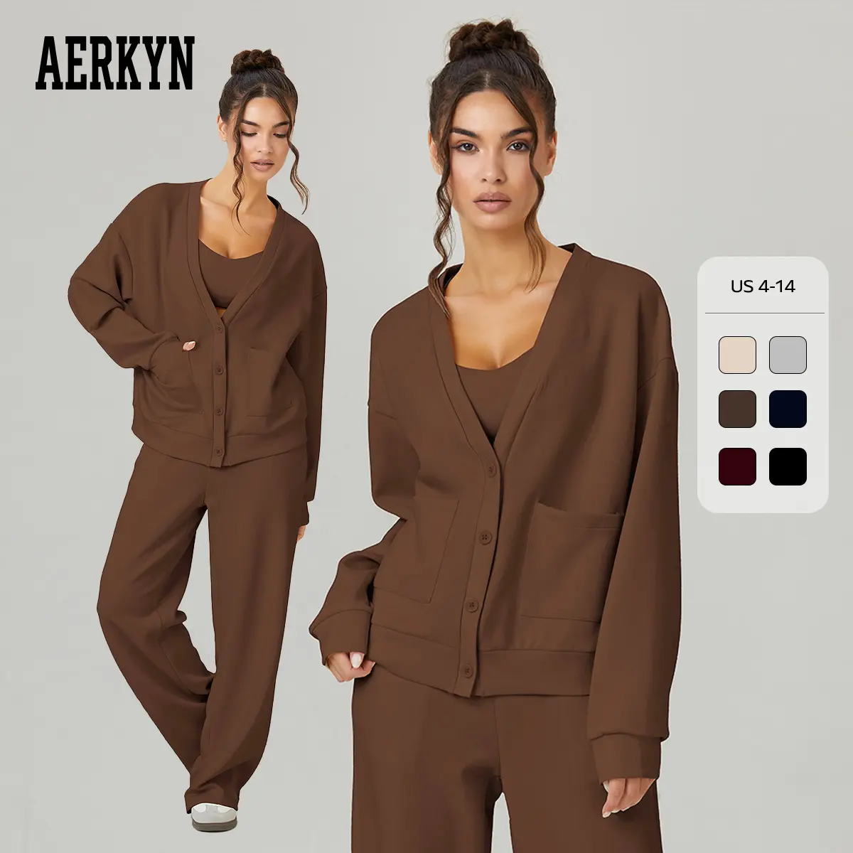 Women's Slouchy Cozy Solid Color V Neck Long Sleeve Button Cardigan & Drawstring Waist Trousers Co-ord, Soft Loose Two Piece Outfits (CN)
