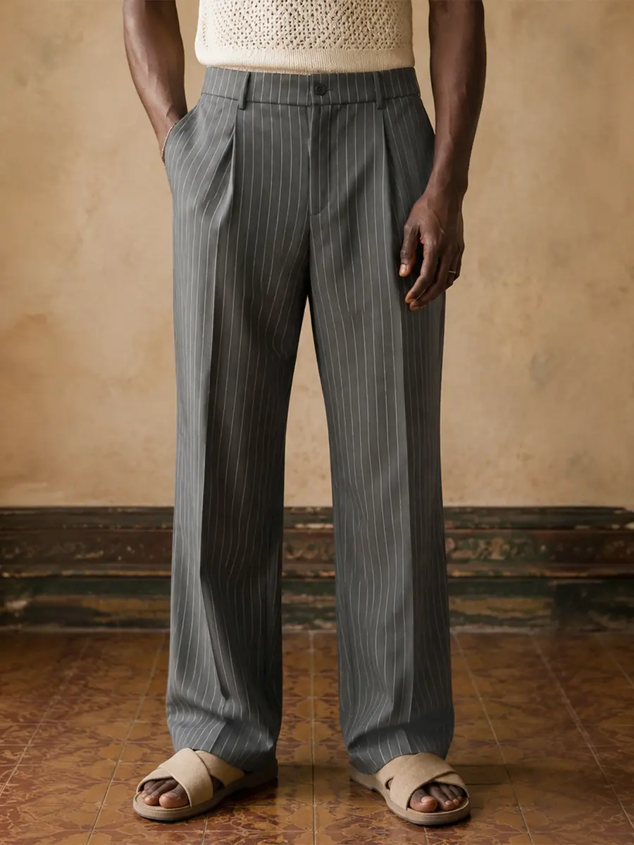 Men’s Gray Pinstriped Wide-Leg Jogger Pants - Relaxed-Fit Menswear Casual Athletic Streetwear Trousers