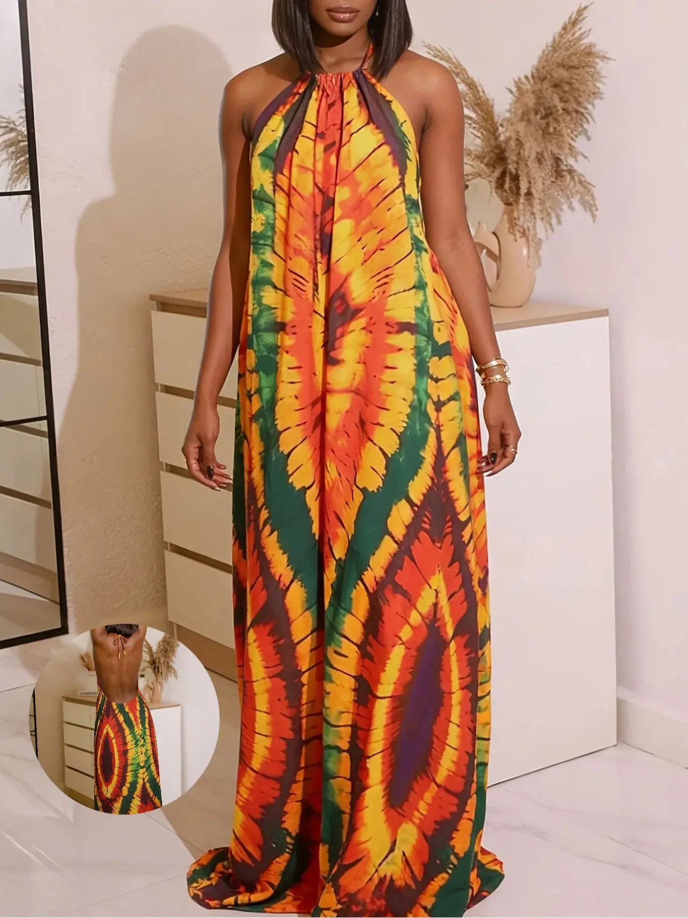 Printed Halter Long Maxi Dress, Loose Fit Flowy A-Line Skirt, Backless Design, Boho Style, Chic Casual Summer Vacation Essential, Beach, Bohemian Fashion, Casual Wear, Boho Flowy Attire