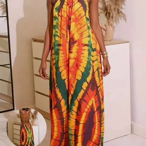 Women's Boho Print Halter Dress, Backless A-Line Long Flowing Skirt, Comfortable Loose Fit, Beach Vacation Daily Wear