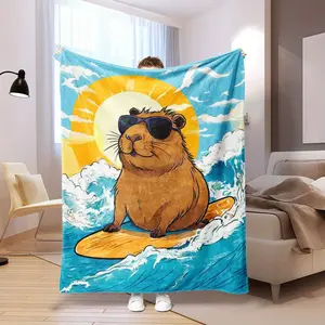 Capybara Surfing Sunset Beach Blanket - Soft Flannel Throw with Vibrant Surfing Capybara Design, All-Season Cozy Multi-Use Blanket for Bed, Sofa, Travel & Home Decor, Machine Washable Gift for Men & Women, Beach Blanket, Sofa Throw, Playful Design,