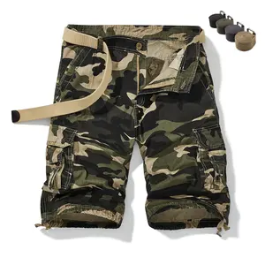 Men’s camouflage cargo shorts — casual camouflage work shorts with belt and multiple pockets, distressed hem, suitable for summer outdoor activities