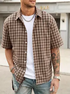 Men's Casual Brown & White Plaid, Checkerboard Plaid Shirt, Cityboy Style Loose Fit Button-Down, Retro Checkered Print Oversized Top, Ideal for Daily Wear, Casual Errands, Urban Fashion #springsaledeals2026 #summeroutfits #shirt #plaidprint