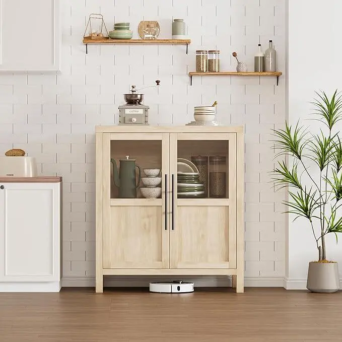 Narrow Modern Farmhouse Rectangular Engineered Wood Accent Cabinet - Single Unit (Pear Wood Grain), 2 Doors, 28.74x15.75x33.86in, Compact Design, Sturdy Base, Waterproof Top, 200lbs Capacity, Assembly Required, Kitchen/Living Room Indoor Storage Furniture