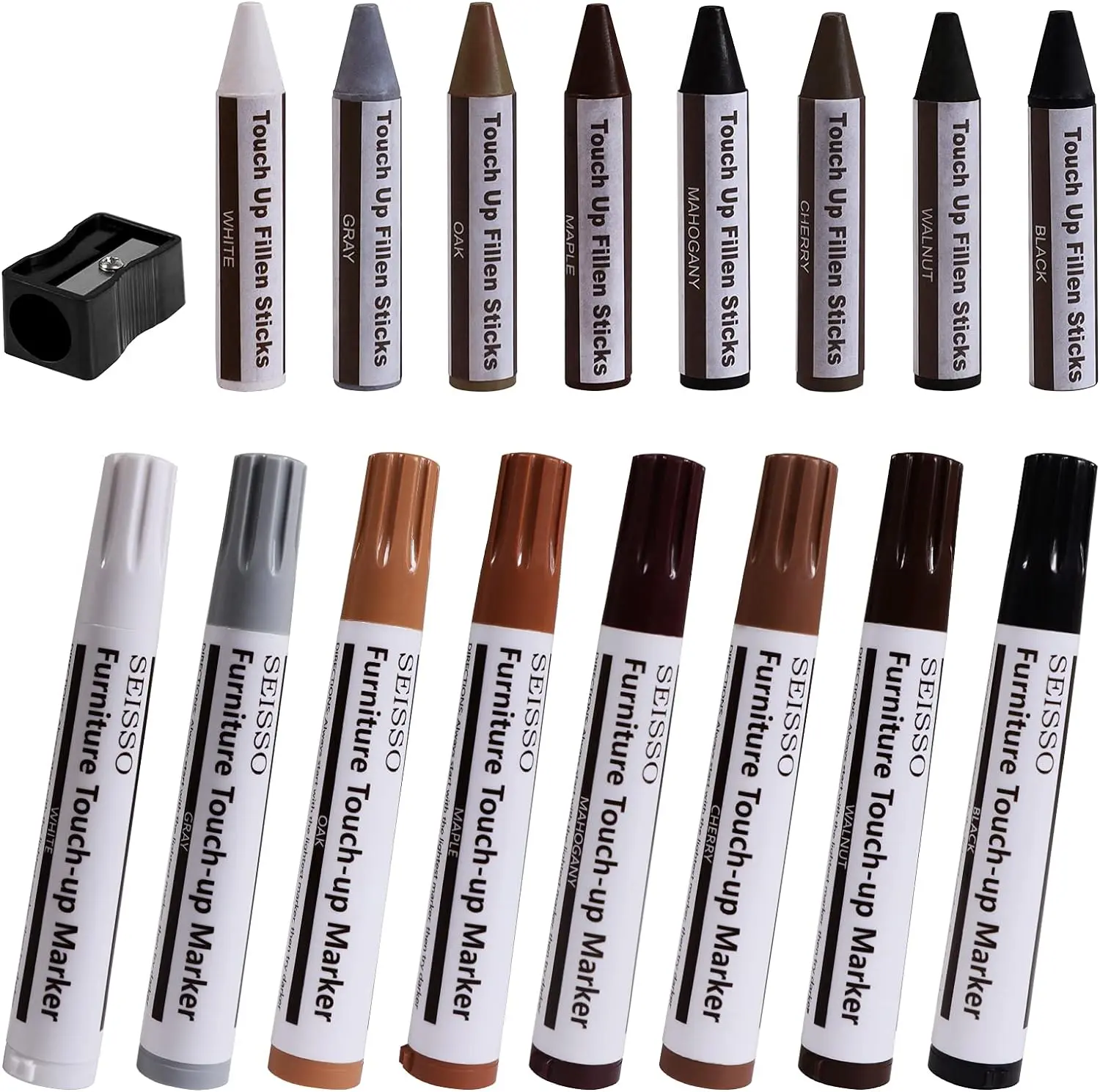 Furniture Markers Touch Up - Set of 17 - Furniture Scratch Repair Markers Kit, Wood Touch Up Markers and Wax Sticks with Sharpener, for Scratches, Stains, Floors, Laminate, Cabinet SEISSO