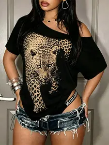 Women's Casual Leopard Print T-Shirt, Loose-Fit Short Sleeve Top, Summer & Fall Fashion, Shoulder-Exposed Tee, Versatile Streetwear