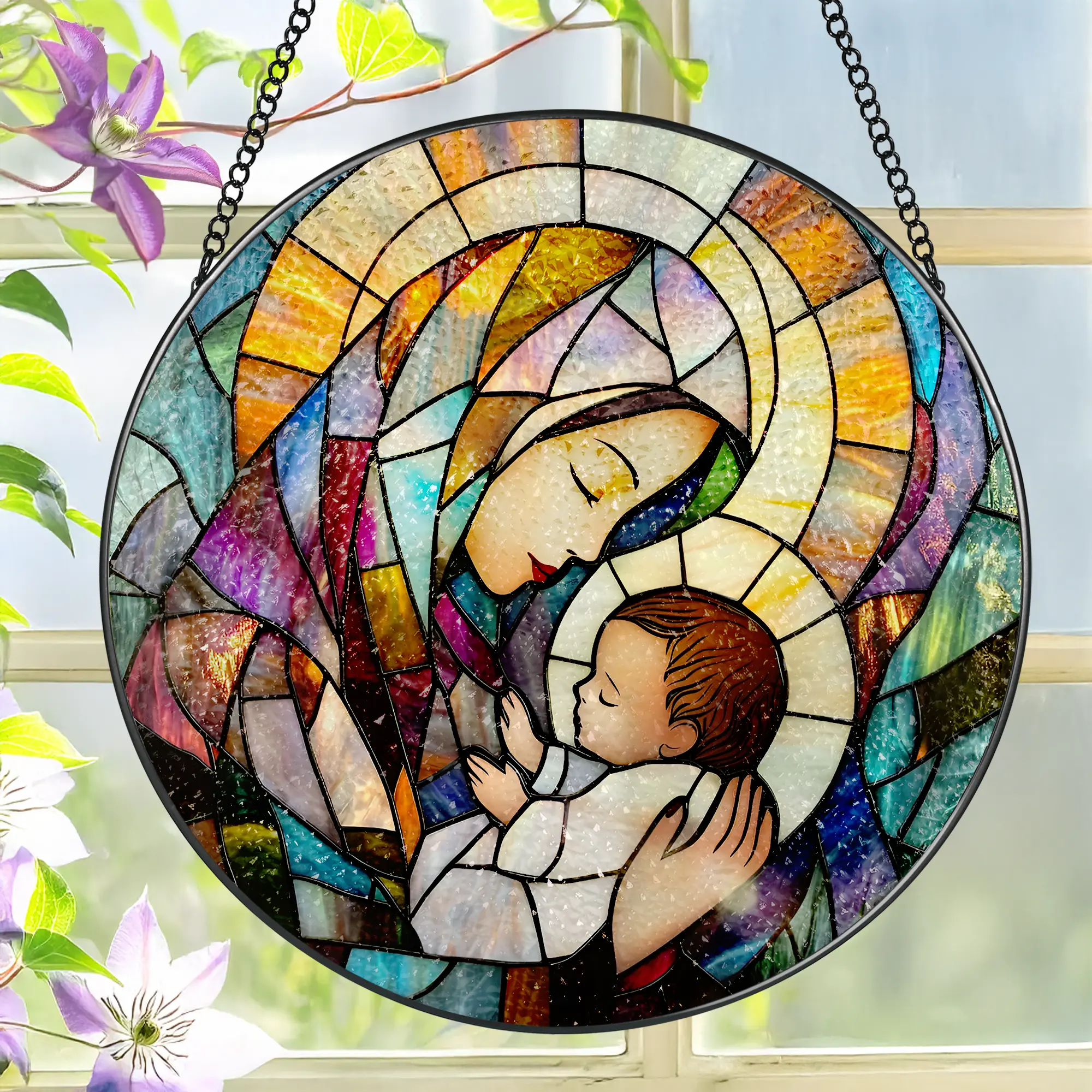 Christian 8-in Hangable Stained Glass Sun Catcher - Baby Jesus & Holy Mother Mary Stained Glass Art, Decorative Hanging Decor, Window Hang Home Supply, Religious Gift for Women, With Box