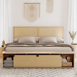 Full Size Beige/Khaki Natural Rattan Platform Bed Frame with Sliding Doors Storage Cabinets, Headboard and Solid Wooden Legs Support, Boho Farmhouse Style, No Box Spring Needed