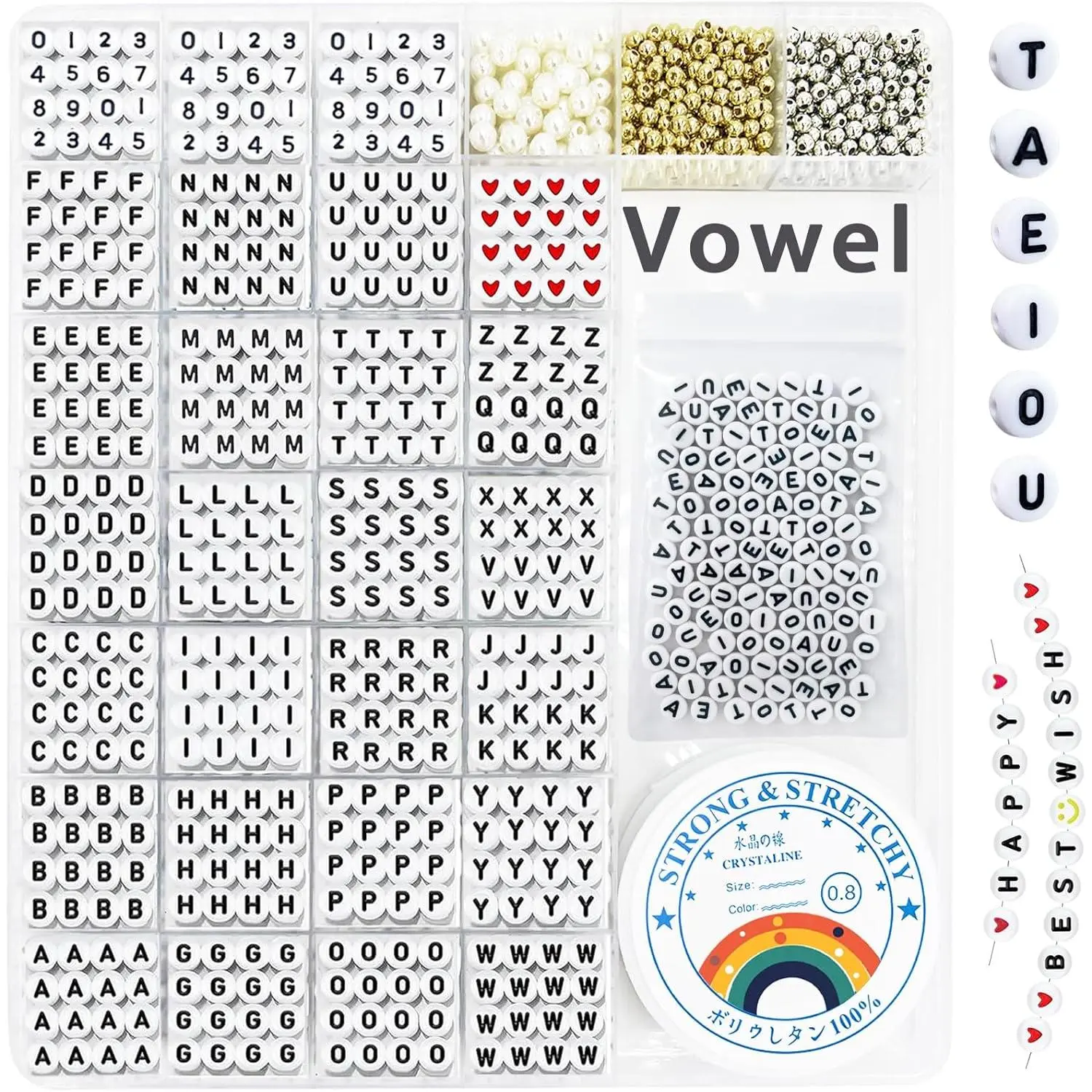 1920 count Pony Beads Letters for Bracelets Making, Vowel-Rich Alphabet Kit with Minimized Rare Characters, 4x7mm Round Letter Beads, Numbers (White and Black)
