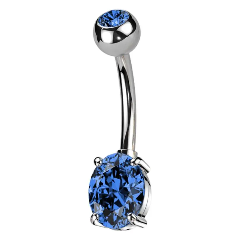 Oval Prong Dark Blue CZ Titanium Belly Button Ring
