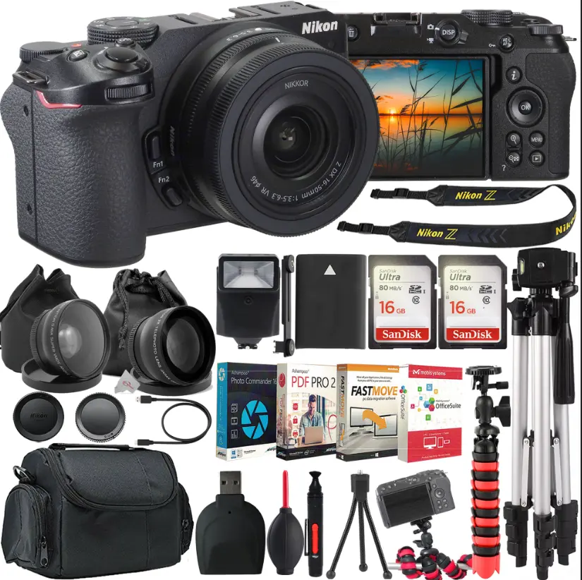 Nikon Z30 Mirrorless Camera w/ DX 16-50mm Lens + Elite Suite 18 Standard Editing Software Kit + 46mm HD 2.2X Telephoto + 46mm HD .43X Wide Angle Lens + SanDisk Ultra 16GB Card + Case + CardReader + CardWallet + Slaveflash + Spider Tripod + Tripod + Cleani