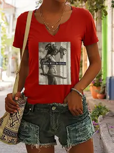 Medusa image, female statue holding a weapon and Girls Will Be Girls lettered T-shirt, personalized and trendy women's T-shirt, short-sleeved V-neck summer casual top, fashionable women's clothing