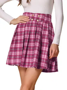 INSPIRE CHIC Women's Plaid Skirt Tartan Double Breasted A-Line Pleated Vintage Mini Skirts
