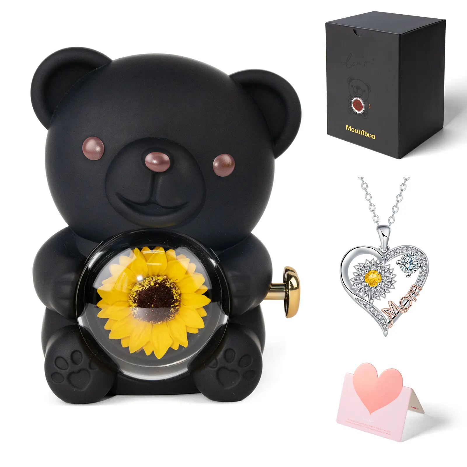 sunflower black bear+mom necklace+gift bag+card