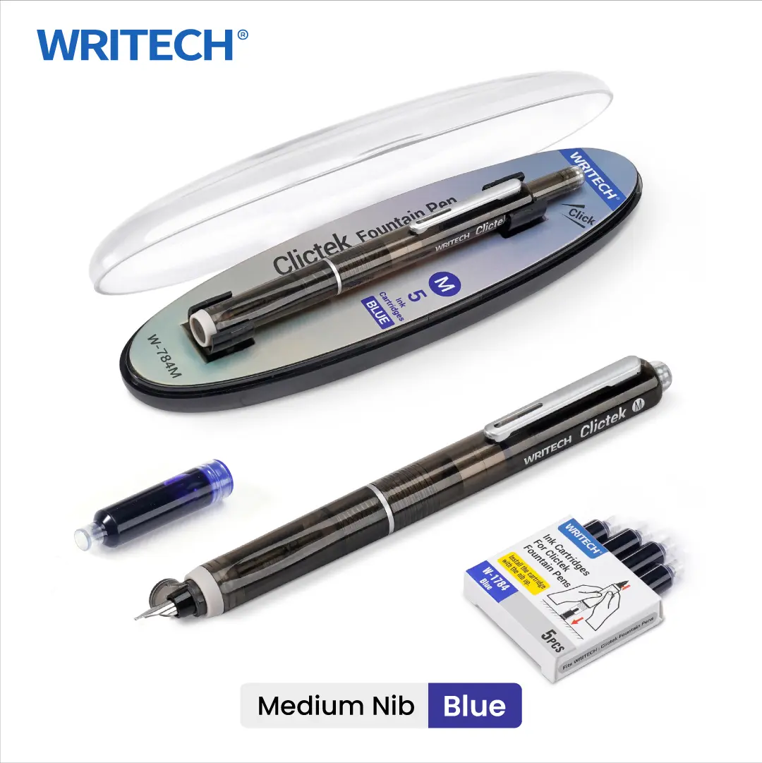 WRITECH Clictek Fountain Pen Retractable: Medium Nib Blue Ink Transparent Barrel Includes 5 Refillable Ink Cartridges, Smooth Writing No Leaking Office Supplies