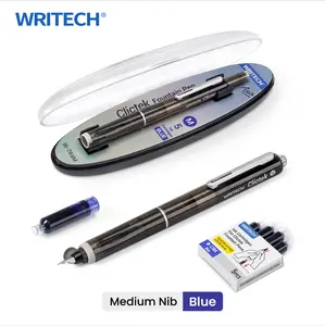 WRITECH Clictek Fountain Pen Retractable: Medium Nib Blue Ink Transparent Barrel Includes 5 Refillable Ink Cartridges, Smooth Writing No Leaking Office Supplies