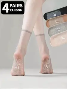4 Pairs of Randomly Selected Colors Invisible Ice Silk Ankle Socks Multi-color Anti-slip Dot Pattern Ice Silk Fabric for Skin-friendly Comfort Breathable Design Prevents Sweaty Feet Elegant Style for Commuting and Shopping