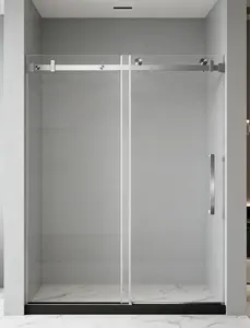 Frameless Single sliding shower door 56-60 "W x 76" H, 1/4 "(6 mm) Clear Tempered Glass, Explosion Proof Film, Stainless Steel Handle Square Tube Track Brushed Nickel