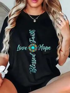 Cotton Unisex Jesus Faith Hope Love Sunflower Leopard Christian Women T-Shirt Christ Christian Tops