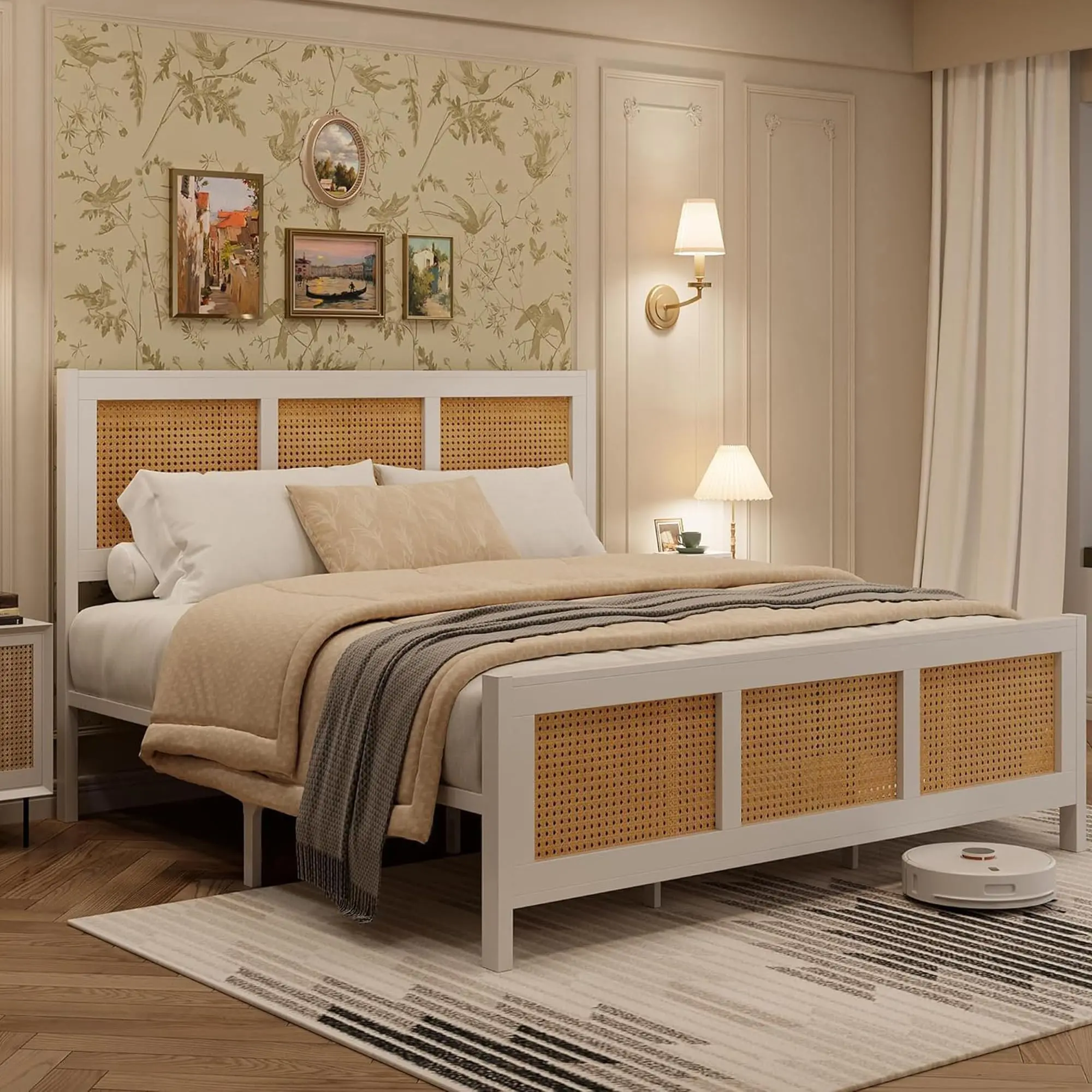 Queen Size Boho Rattan Weave Platform Bed Frame with Headboard - Sturdy Metal Slats, Noise-Free, No Box Spring Needed, Easy Assembly, Assembly Required, Healthy, Wicker Grid, White & Natural Finish
