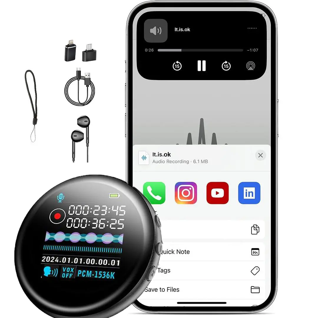 Round Multifunction HD Voice Recorder Device - Portable Recorder Audio Equipment with High-Definition Screen, USB-C, Long Battery Life, Noise Reduction Audio, MP3 Recording, Mobile Compatibility, Chargeable, Headphone Support