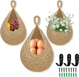 Hanging Fruit Basket for Kitchen - 3 Pack Wall Hanging Fruit Baskets with 3 Hooks, Boho Design for Fruits, Vegetables & Onion Storage Organiser Cotton