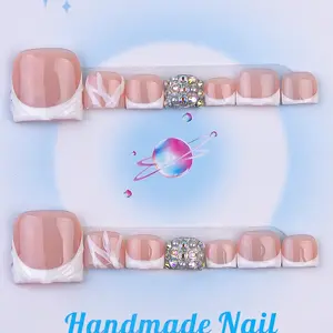 Nailssbysheccid, 14PCS Foot Covers, square shape ,100% handmade, simple style, combined with French style, 3D, suitable for summer outings to wear, it is the best gift for girls! Comes with jelly glue, crystal sticks and twisting rods.