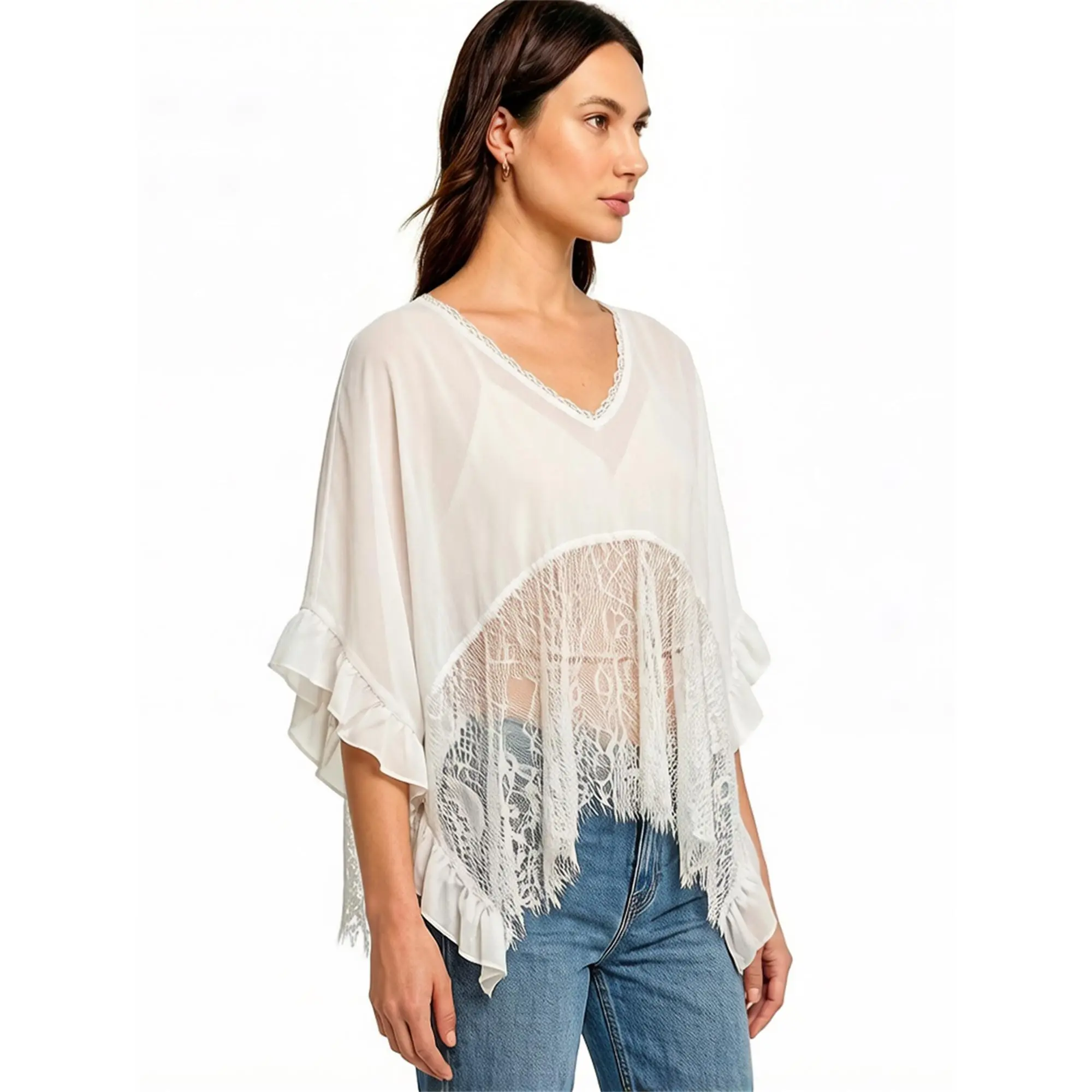 Women Sheer Cover up Shirt Casual Lace Patchwork Flowy Batwing Sleeves Tops Summer Loose Blouse for Beach Swimsuit
