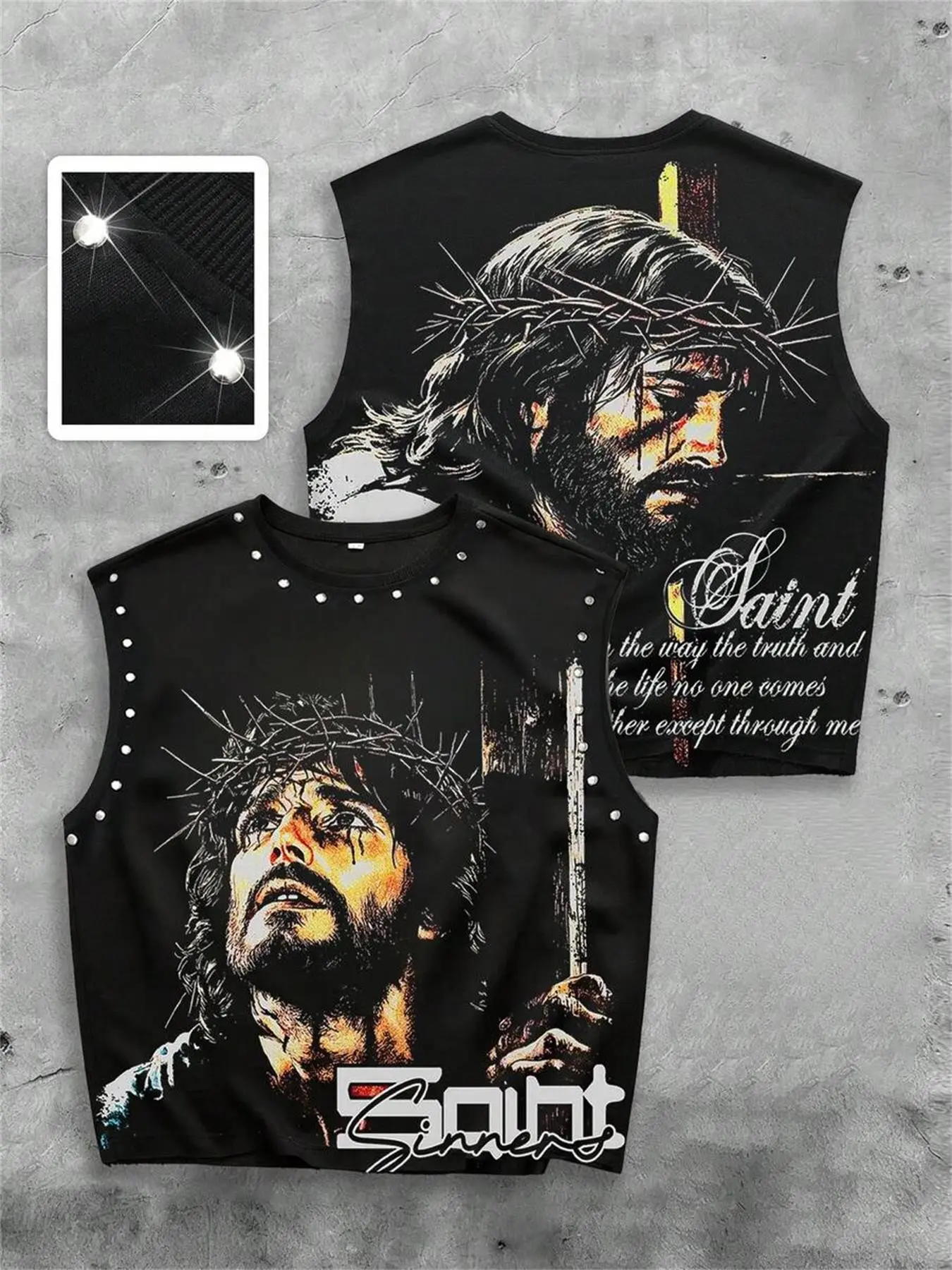 Men's Summer Vintage Religious Jesus Graphic Print Short Vest, Rivet Decor Sleeveless Top, Trendy Fashion Street Style Casual Vest