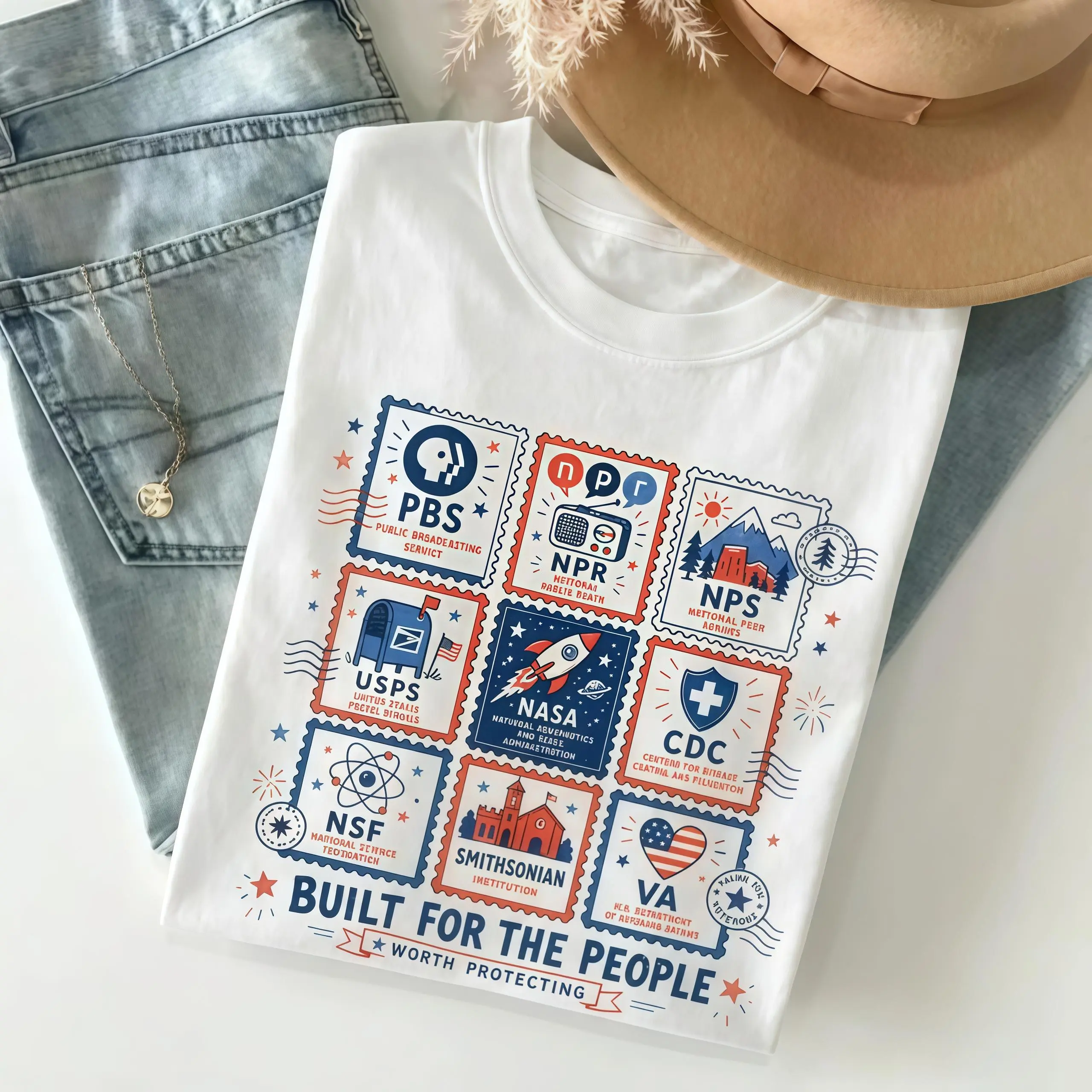 Vintage Aesthetic Built For The People Graphic T-Shirt, Cool NASA USPS NPR stamps, Men's Casual Classic Soft Breathable Cotton Crewneck Graphic Print Tee Top, Summer OOTD Streetwear Shirt& Tshirt for Menswear & Womenswear Gifts